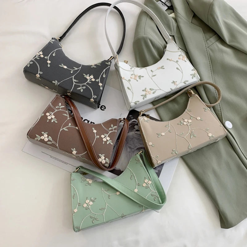 Summer Lace Floral Shoulder Bag for Women Soft PU Leather Beach Travel Handbag