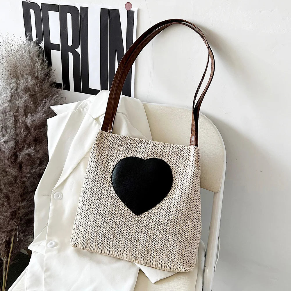 Summer Love Straw Woven Bags for Women Knitted Female Bucket Shoulder Bag