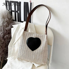 Summer Love Straw Woven Bags for Women Knitted Female Bucket Shoulder Bag