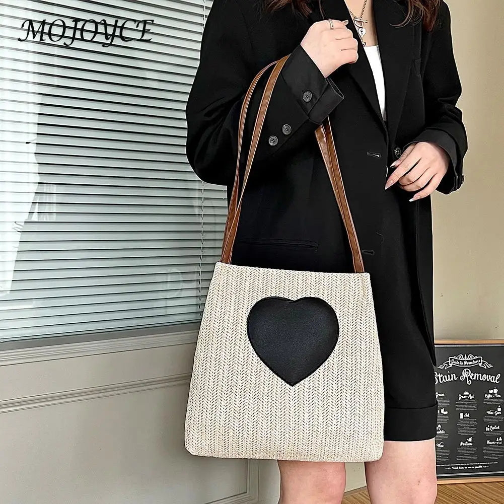Summer Love Straw Woven Bags for Women Knitted Female Bucket Shoulder Bag