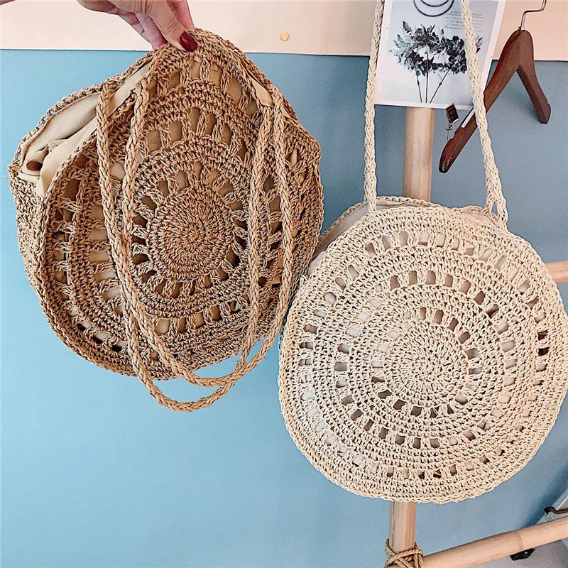 Summer Round Straw Bag For Women Woven Handbag Ladies Rattan Shoulder Bag
