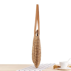 Round Straw Shoulder Bag for Women Rattan Beach Handbag