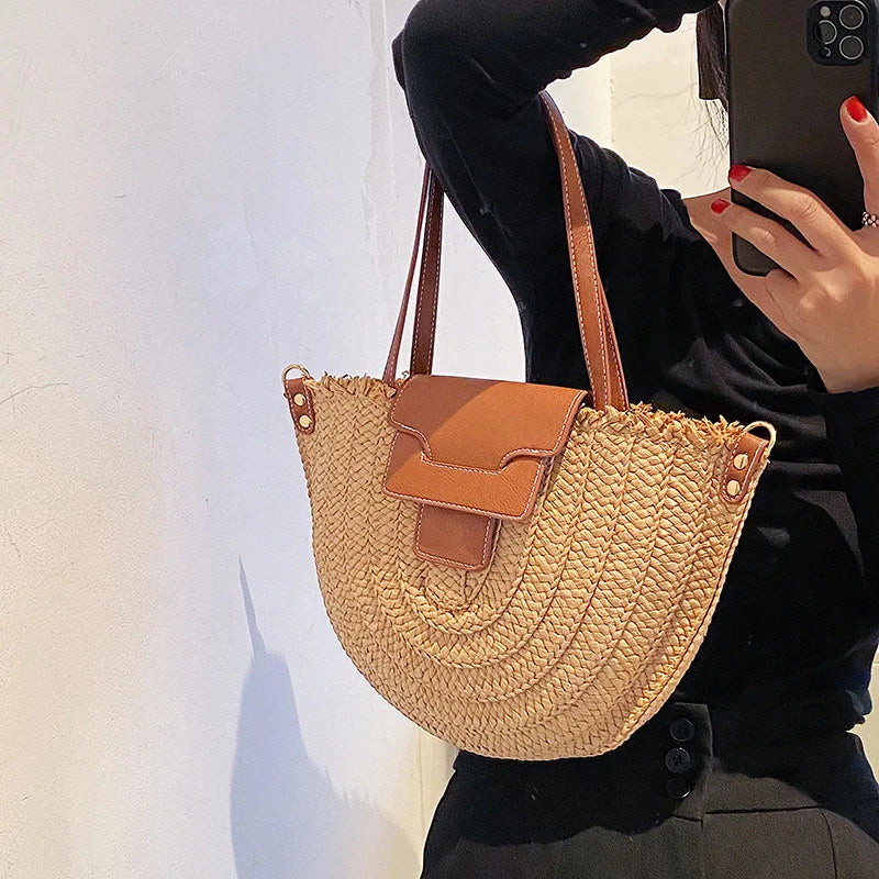 Straw Beach Bag Ladies Underarm Woven Cross