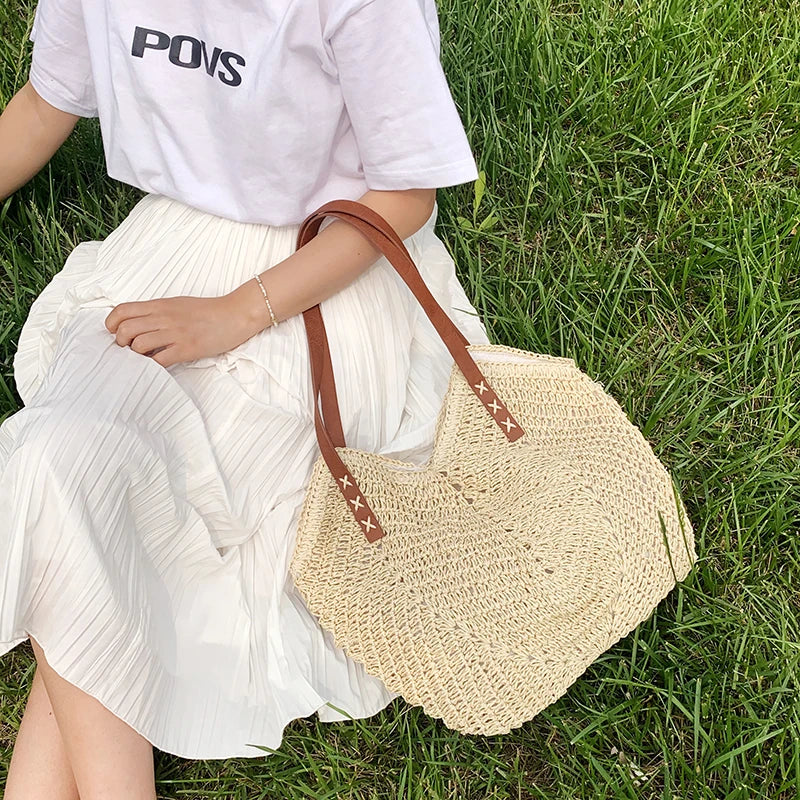 Summer Straw Bag For Women Rattan Straw Shoulder Bag Large Capacity Beach Bag