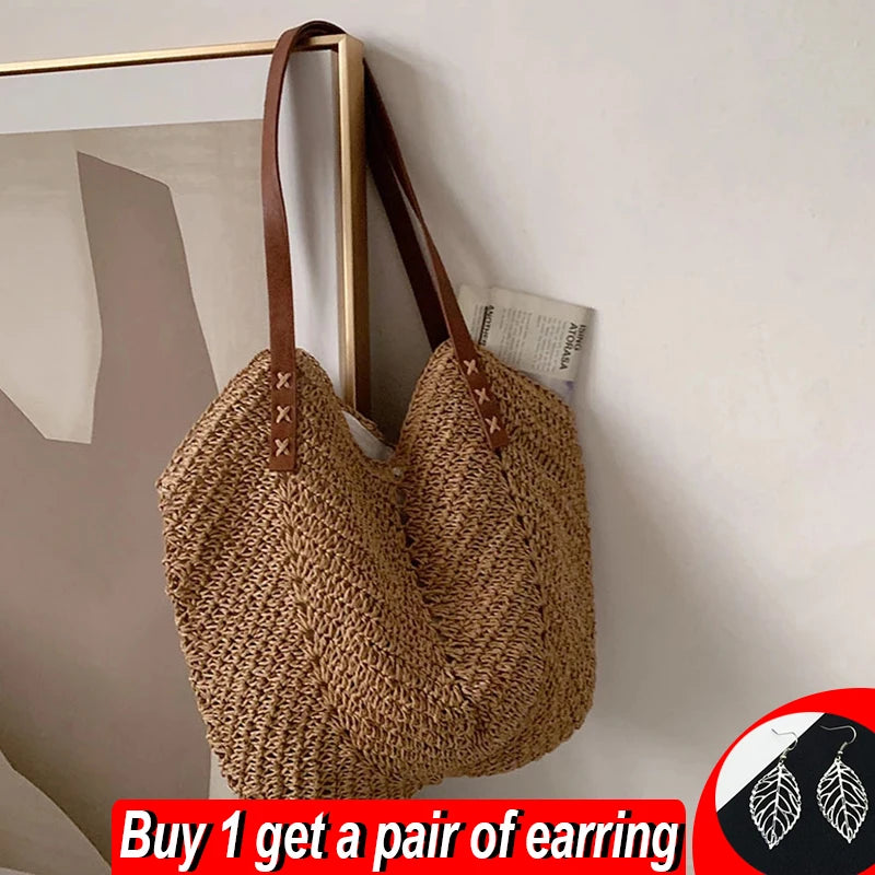 Summer Straw Bag For Women Rattan Straw Shoulder Bag Large Capacity Beach Bag