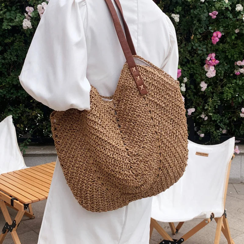 Summer Straw Bag For Women Rattan Straw Shoulder Bag Large Capacity Beach Bag