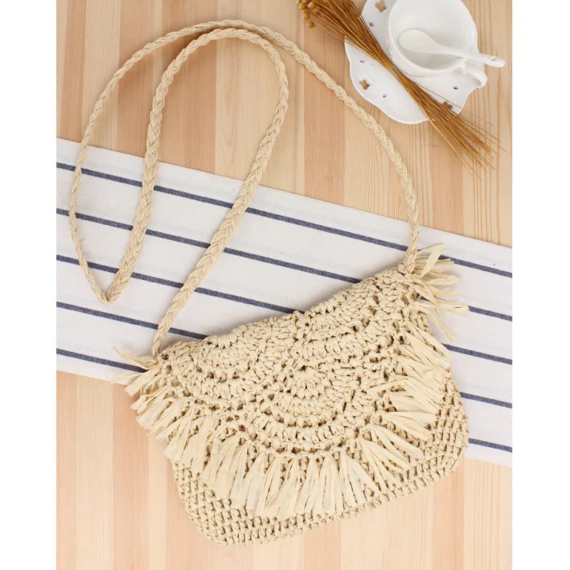 Tassel Beach Bags Raffia Rattan Woven Handbags Vacation Shoulder Crossbody Bags