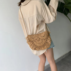 Tassel Beach Bags Raffia Rattan Woven Handbags Vacation Shoulder Crossbody Bags