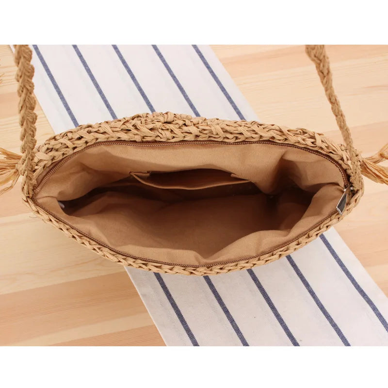 Tassel Beach Bags Raffia Rattan Woven Handbags Vacation Shoulder Crossbody Bags