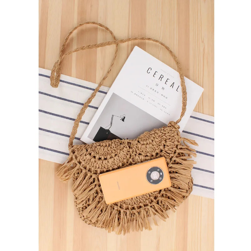 Tassel Beach Bags Raffia Rattan Woven Handbags Vacation Shoulder Crossbody Bags