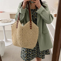 Summer Straw Bucket Bag Women Vacation Rattan Tote Bag Large Capacity