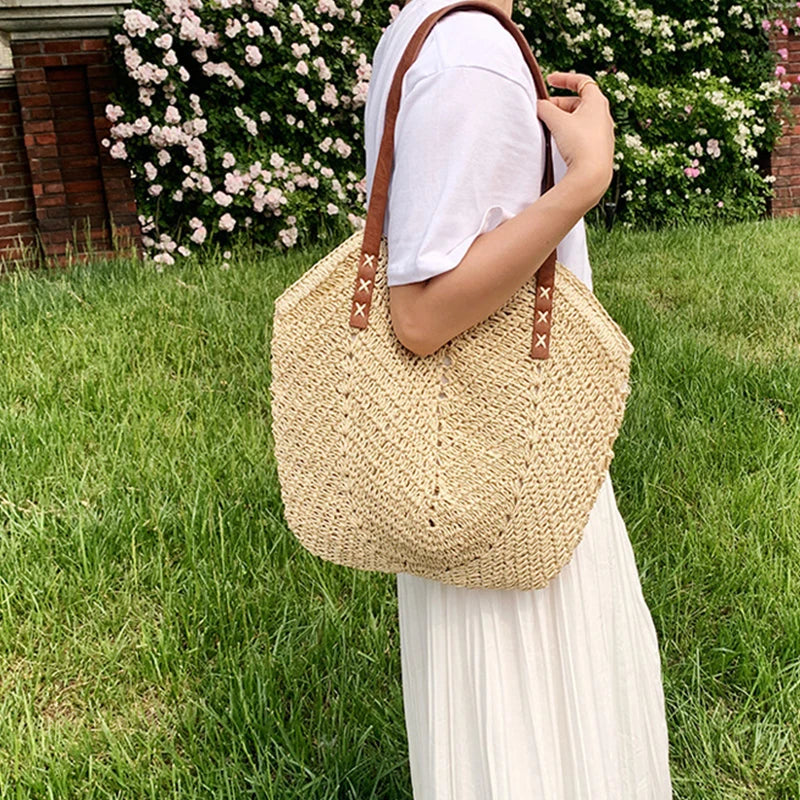 Summer Straw Bucket Bag Women Vacation Rattan Tote Bag Large Capacity