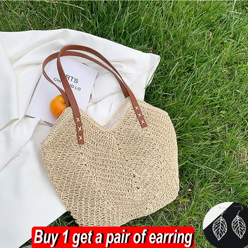 Summer Straw Bucket Bag Women Vacation Rattan Tote Bag Large Capacity