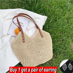 Summer Straw Bucket Bag Women Vacation Rattan Tote Bag Large Capacity