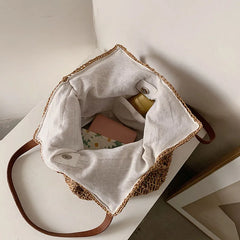 Summer Straw Bucket Bag Women Vacation Rattan Tote Bag Large Capacity