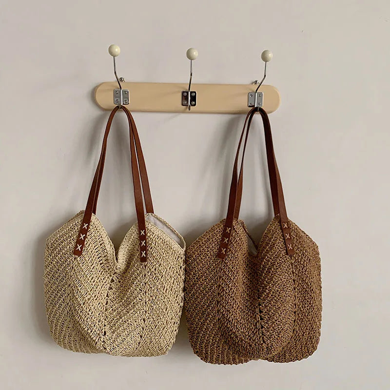 Summer Straw Bucket Bag Women Vacation Rattan Tote Bag Large Capacity