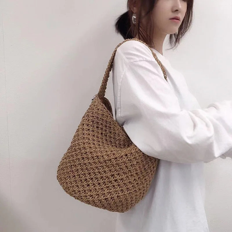 Straw Weaving Bucket Bag Hollowed Out Solid Seaside Casual Handbag
