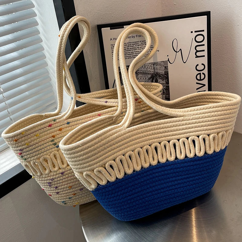 Summer Straw Women Bag Woven Beach Bag Large Capacity Shoulder Basket Bag