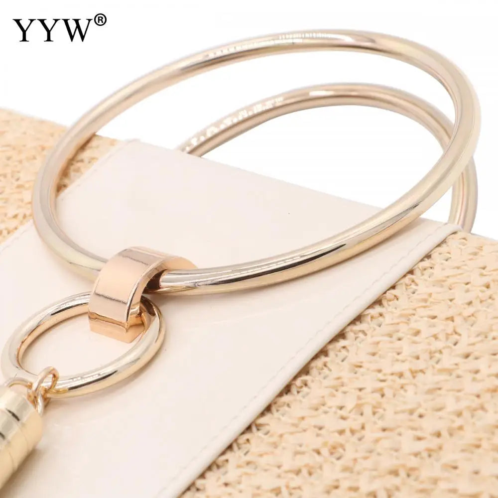 Yellow Straw Women Evening Clutches PU Leather Tassel Weave Envelope Purse