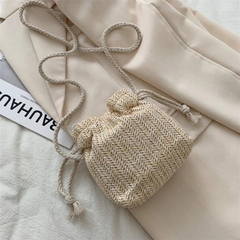 Summer Straw Woven Flowers Bucket Bag