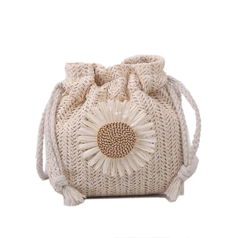 Summer Straw Woven Flowers Bucket Bag