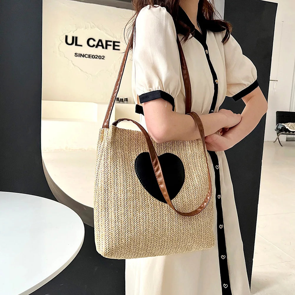 Summer Straw Top-Handle Bag Love Print Bucket Tote Handbag