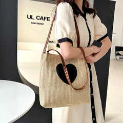 Summer Straw Top-Handle Bag Love Print Bucket Tote Handbag