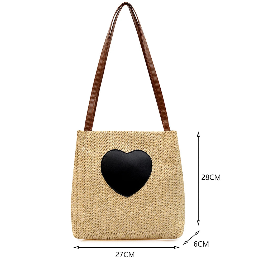 Summer Straw Top-Handle Bag Love Print Bucket Tote Handbag