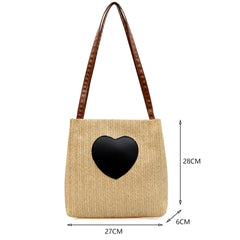 Summer Straw Top-Handle Bag Love Print Bucket Tote Handbag
