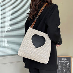 Summer Straw Top-Handle Bag Love Print Bucket Tote Handbag