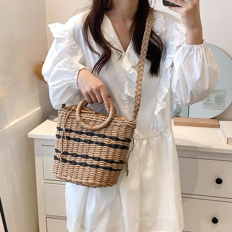 Striped Straw Woven Shoulder Bag Bohemian Bucket Crossbody Beach Handbag