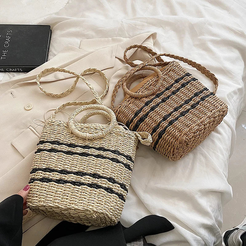 Striped Straw Woven Shoulder Bag Bohemian Bucket Crossbody Beach Handbag