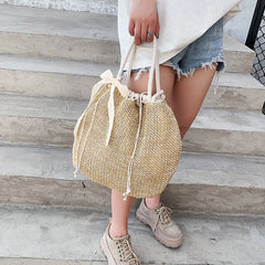 Summer Straw Drawstring Crossbody Shoulder Bag Lady Beach Travel Bag