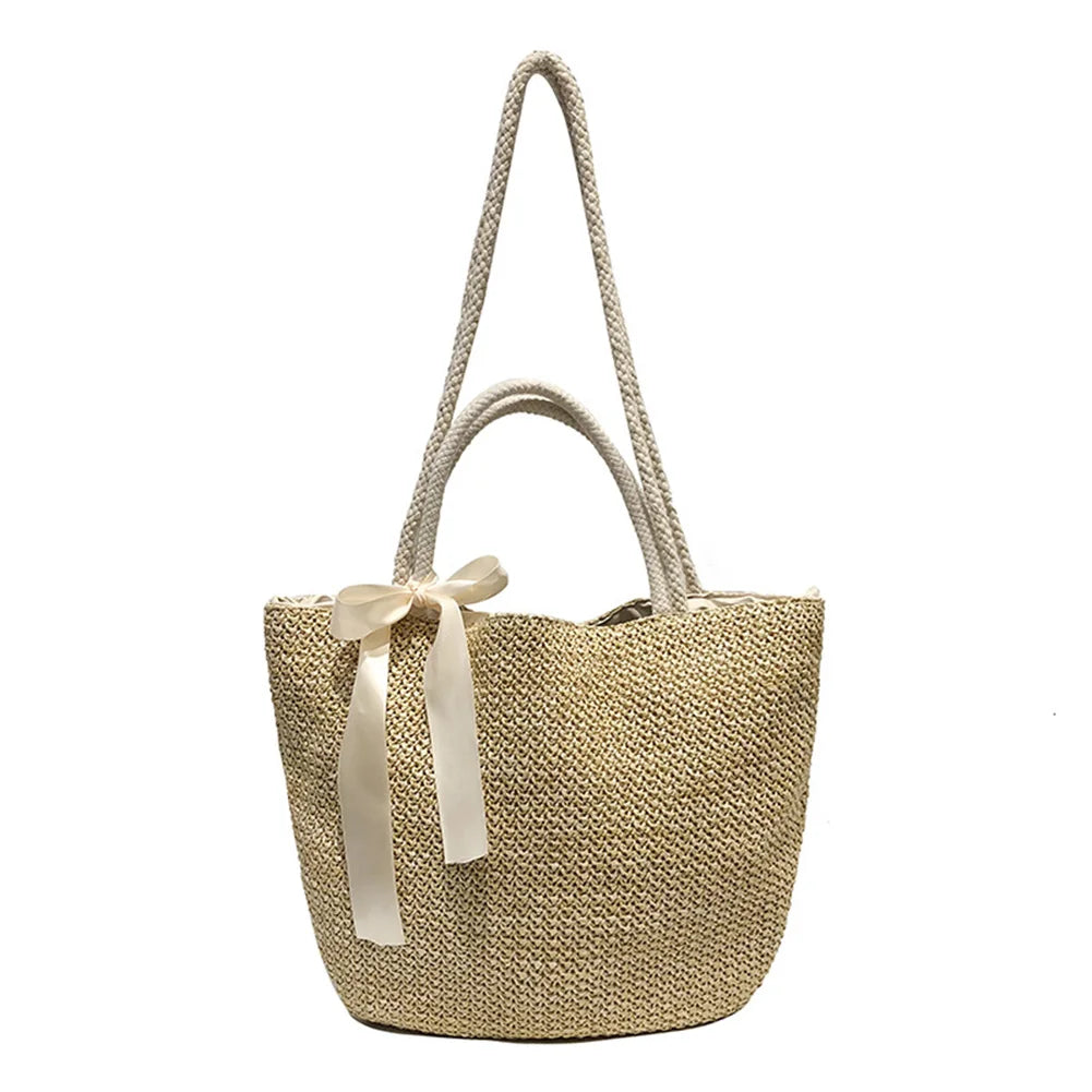 Summer Straw Drawstring Crossbody Shoulder Bag Lady Beach Travel Bag