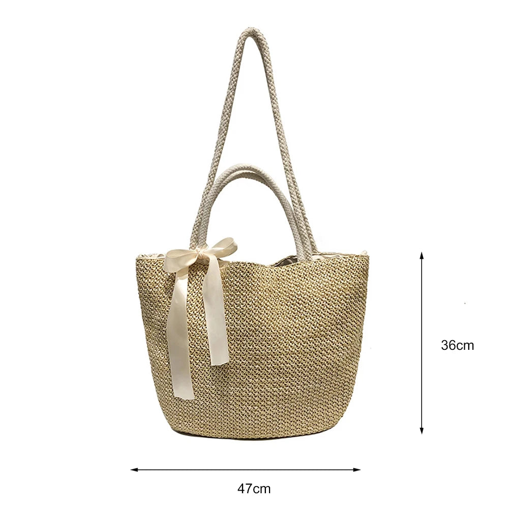Summer Straw Drawstring Crossbody Shoulder Bag Lady Beach Travel Bag
