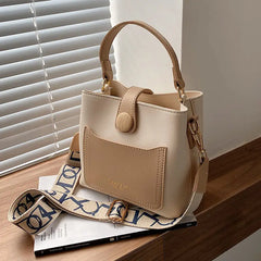 Women's PU Leather Shoulder Bucket Bags Small Handbags Wide Strap Crossbody Bags