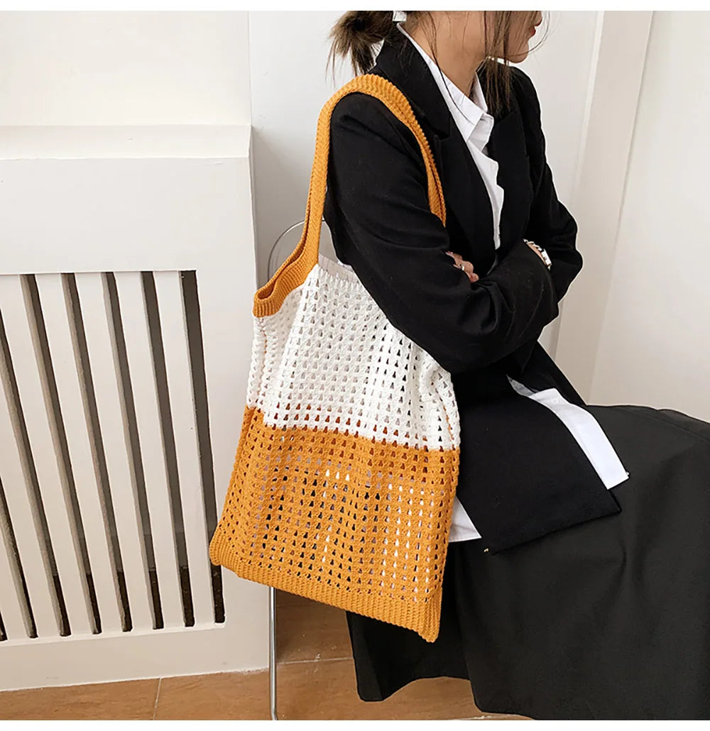 Summer Women Knitted Hollow Out Shoulder Bags Contrast Large Capacity Tote