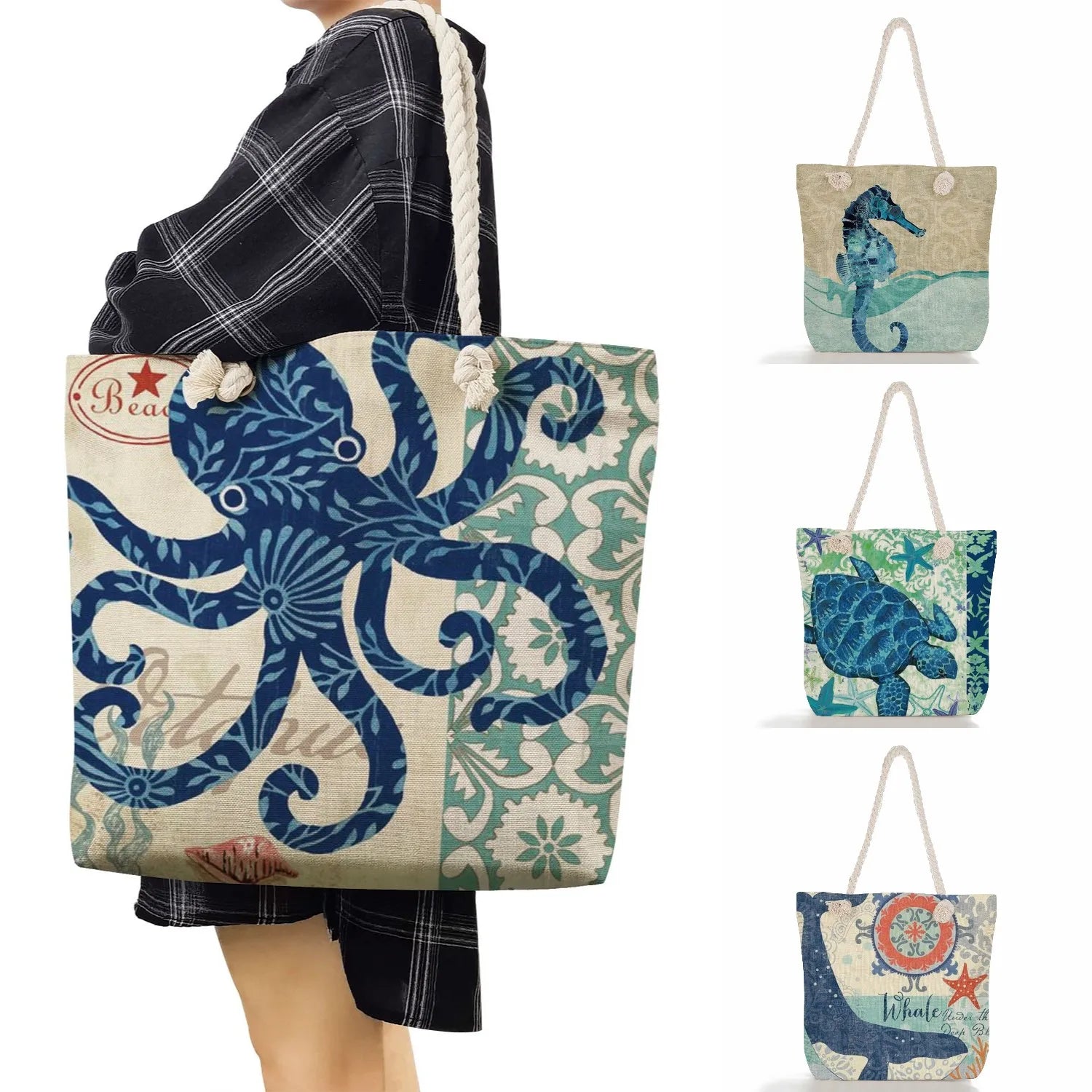 Summer Women Linen Handbags Travel Beach Tote Bag Shoulder Bag High Capacity