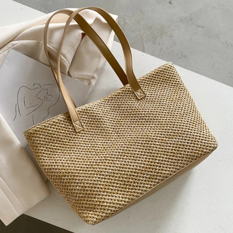 Summer Women's Straw Woven Tote Bag Beach Travel Handbag