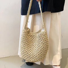 Bohemia Rattan Bucket Shoulder Bag Women's Straw Beach Bag