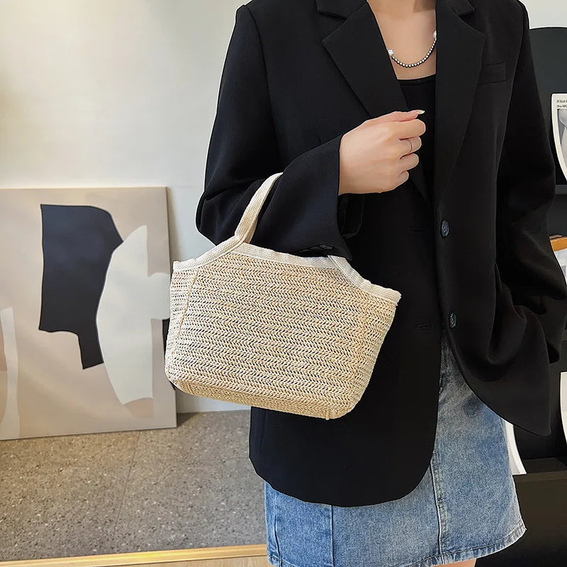 Vintage Straw Basket Beach Bag Rattan Shopping Handle Bag