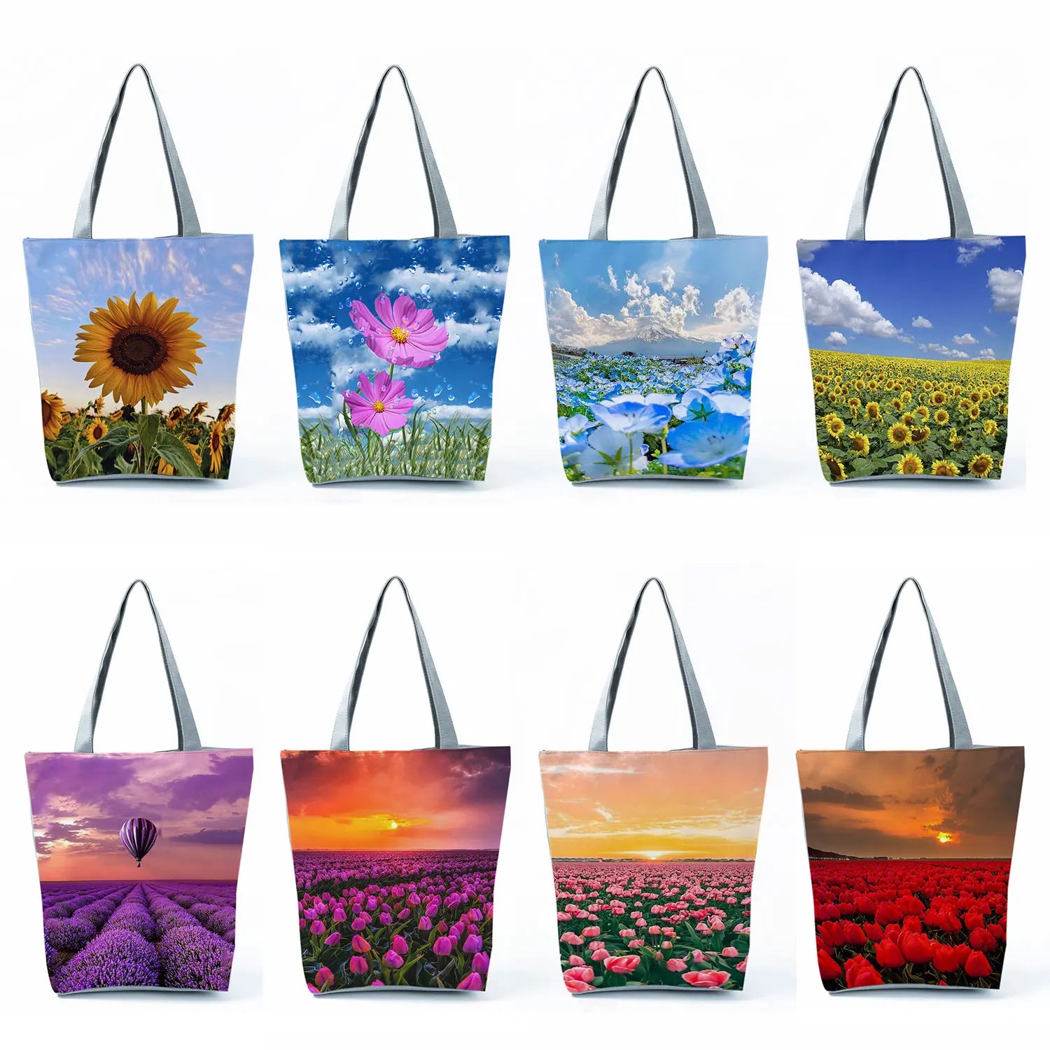 Sunflower Lavender Floral Print Handbags Purple Women Shopping Tote Bags