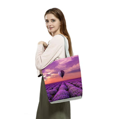 Sunflower Lavender Floral Print Handbags Purple Women Shopping Tote Bags