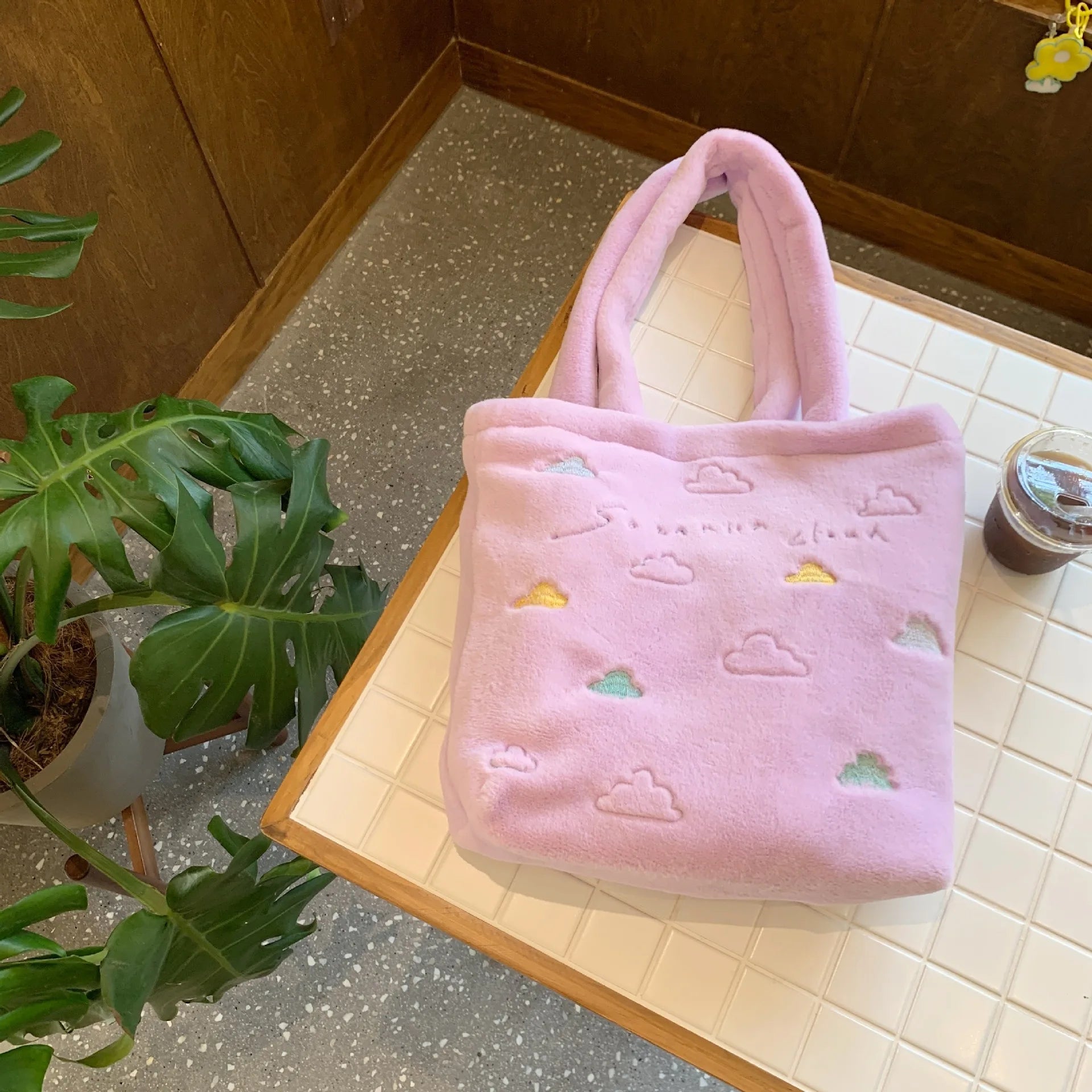 Faux Lamb Wool Women's Shoulder Bag Embroidery Cloud Female Plush Handbag