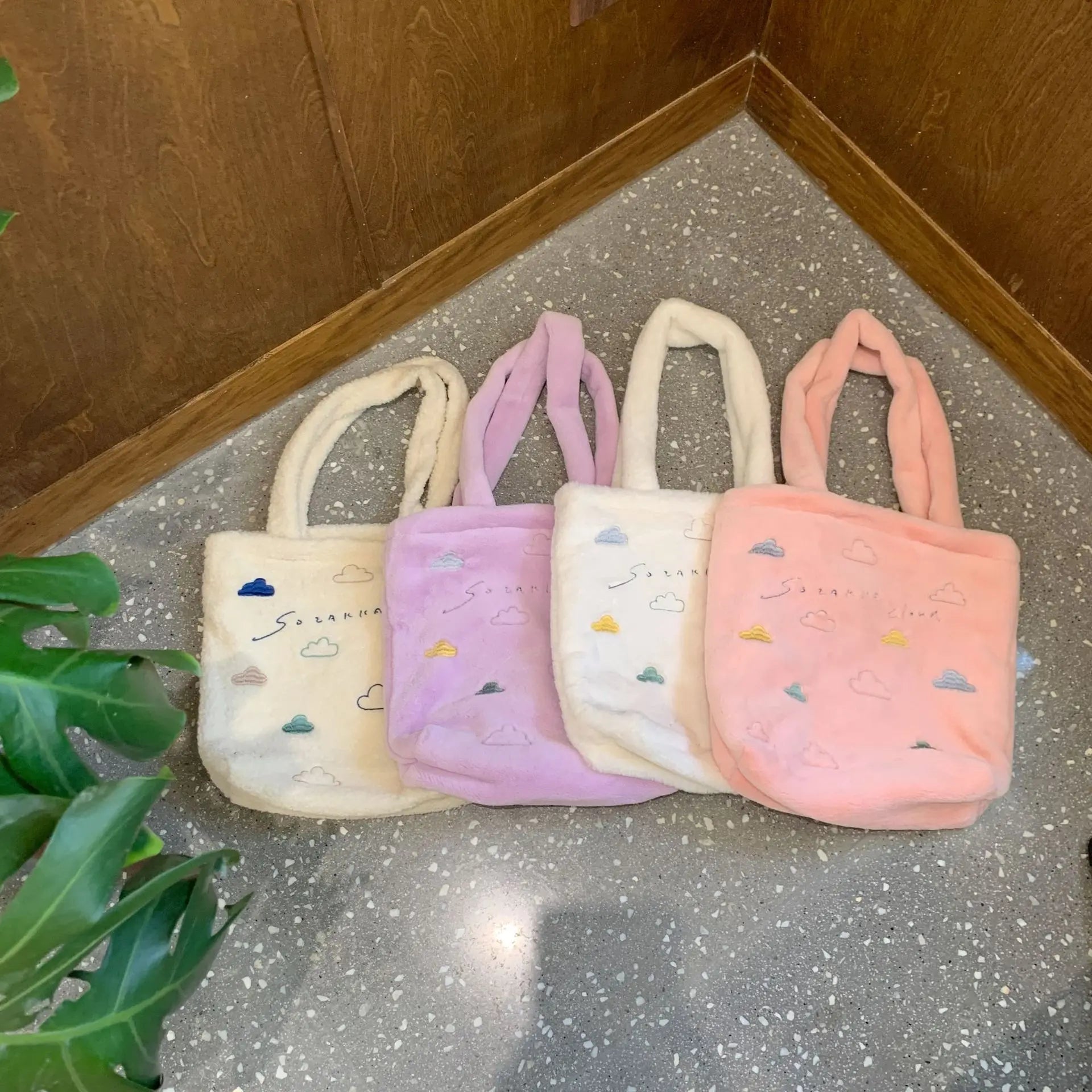 Faux Lamb Wool Women's Shoulder Bag Embroidery Cloud Female Plush Handbag