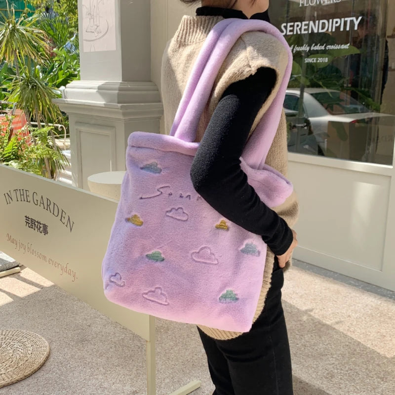 Faux Lamb Wool Women's Shoulder Bag Embroidery Cloud Female Plush Handbag