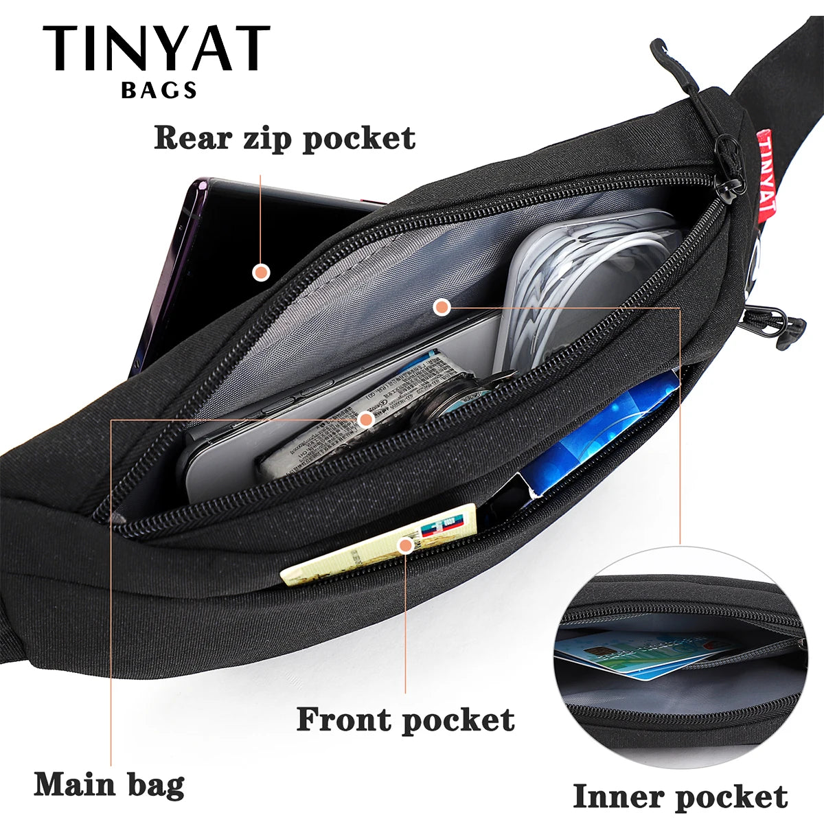 TINYA Canvas Men Fanny Pack Outdoor Sports Waist Pack Crossbody Phone Pouch Bag
