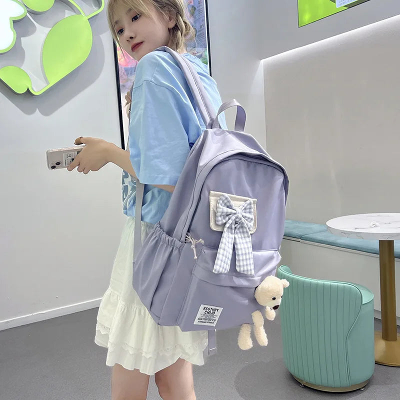 Nylon Women's School Backpack with Bows and Bear