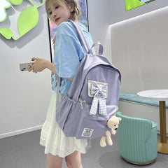 Nylon Women's School Backpack with Bows and Bear