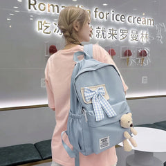 Nylon Women's School Backpack with Bows and Bear